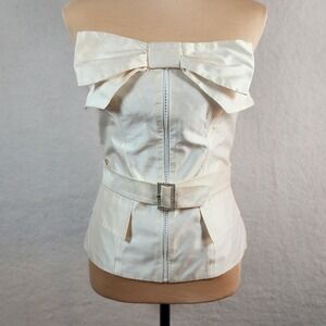 Women's Silk Corset Top Sz S Cream Strapless Bow Belted Glam Party Y2K Coquette